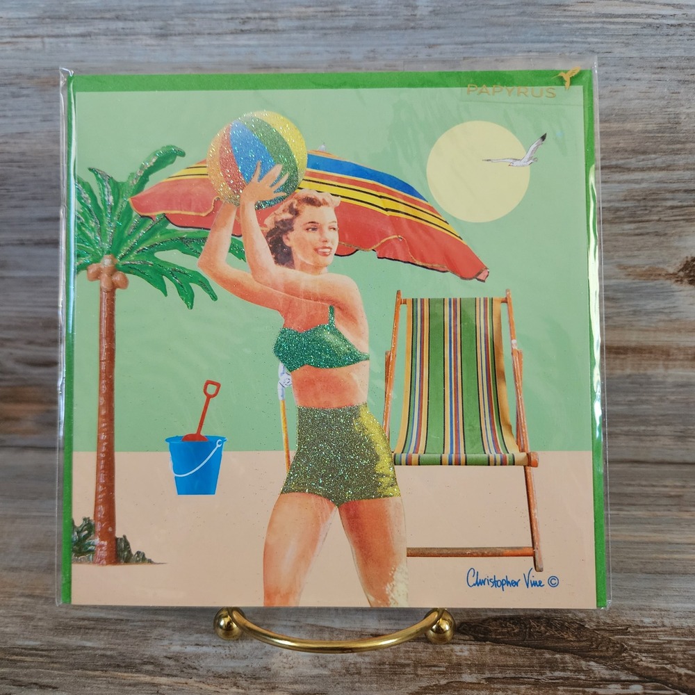 Papyrus Christopher Vine Birthday Card Retro Beach Woman Glitter Green Envelope